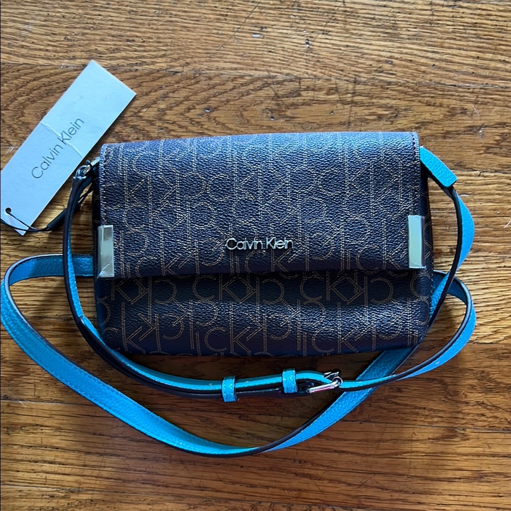 Calvin Klein Key Item Flap Signature Crossbody Bag Brown/Khaki/Turquoise/ Sikver